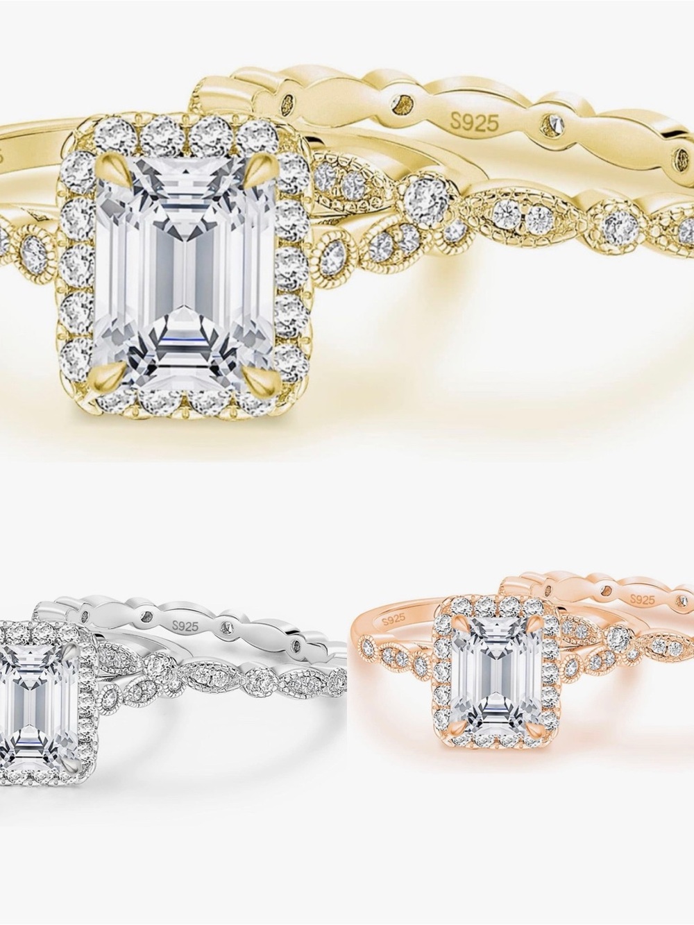 NWT-Yellow Gold,SS & Rose Gold Emerald Cut .925 Sterling Silver Wedding Set